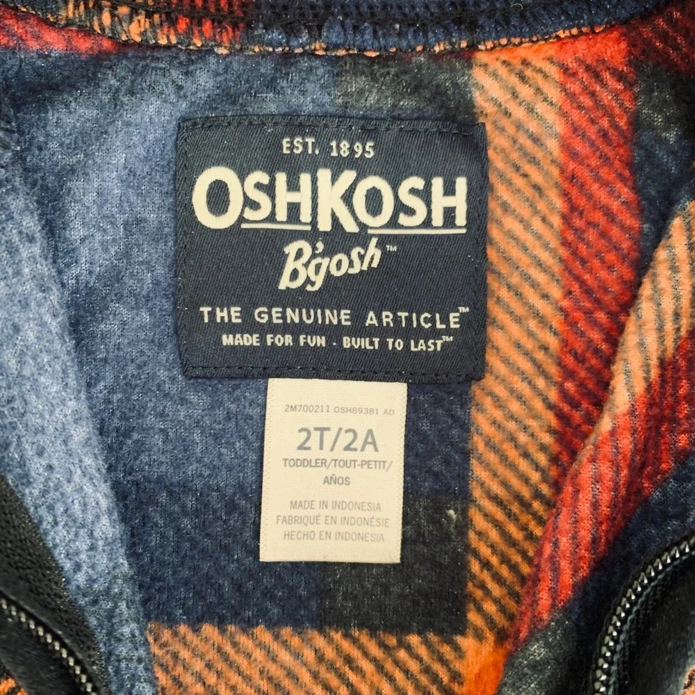 OshKosh B'gosh Fleece Jacket Kids 2T Navy Orange Plaid Full Zip Gorpcore Cabin